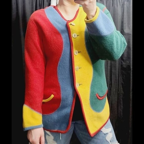 Vintage Geiger Colorblock Colorful Wool Green Red Yellow Jacket - Picture 1 of 16
